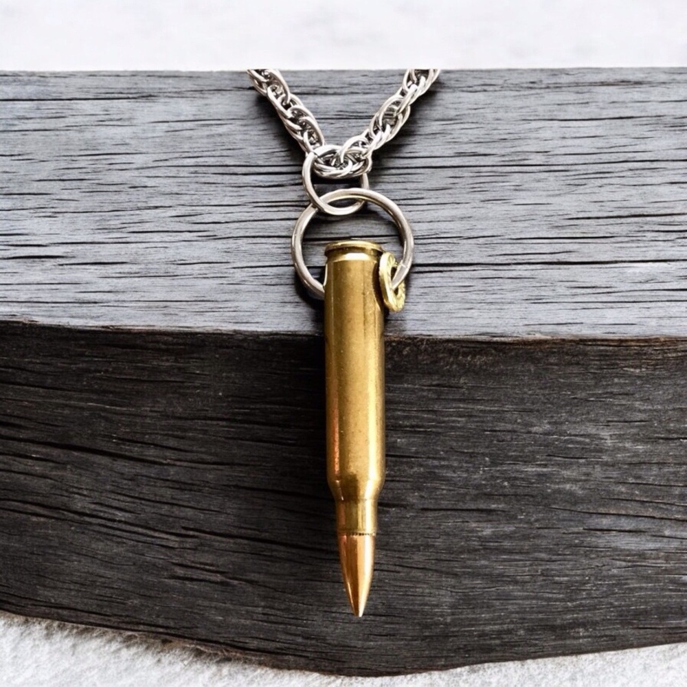 🆕22 Caliber Bullet with a 22 Caliber Bullet Slice Pendant Chain Stainles…